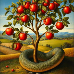 A detailed renaissance-style painting depicting a small apple tree in full view, adorned with ripe red apples