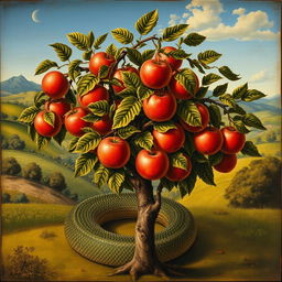 A detailed renaissance-style painting depicting a small apple tree in full view, adorned with ripe red apples