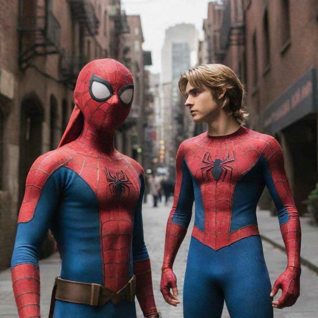 Link from The Legend of Zelda engaged in a conversation with Spiderman. They are standing in a well-lit urban setting with iconic costumes and comic-style background