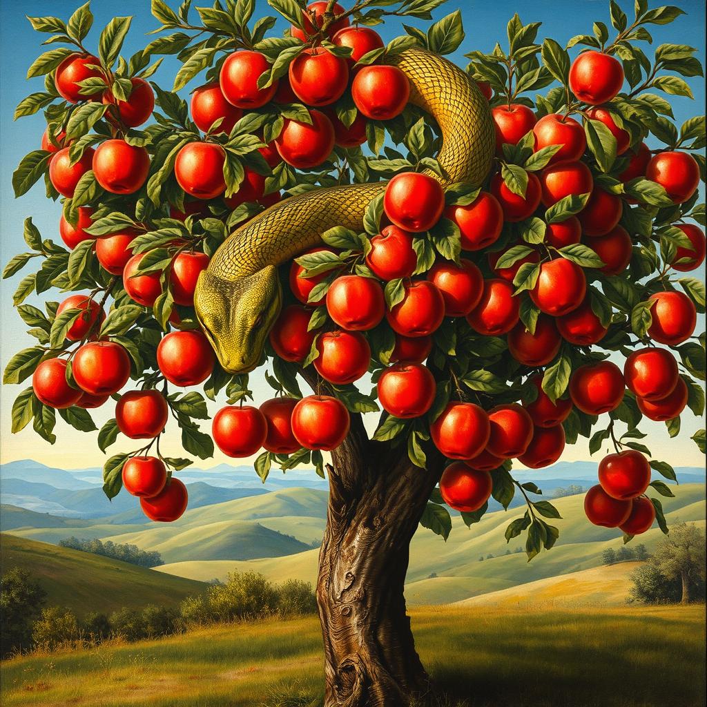 A captivating renaissance-style painting showcasing a full view of an apple tree, lush with vibrant red apples hanging from its branches