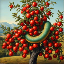 A captivating renaissance-style painting showcasing a full view of an apple tree, lush with vibrant red apples hanging from its branches