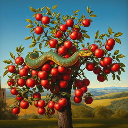 A captivating renaissance-style painting showcasing a full view of an apple tree, lush with vibrant red apples hanging from its branches