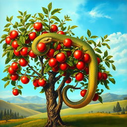 A captivating renaissance-style painting showcasing a full view of an apple tree, lush with vibrant red apples hanging from its branches