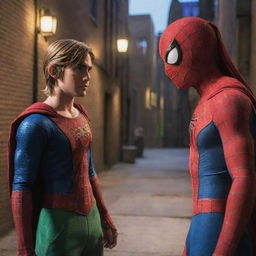 Link from The Legend of Zelda engaged in a conversation with Spiderman. They are standing in a well-lit urban setting with iconic costumes and comic-style background