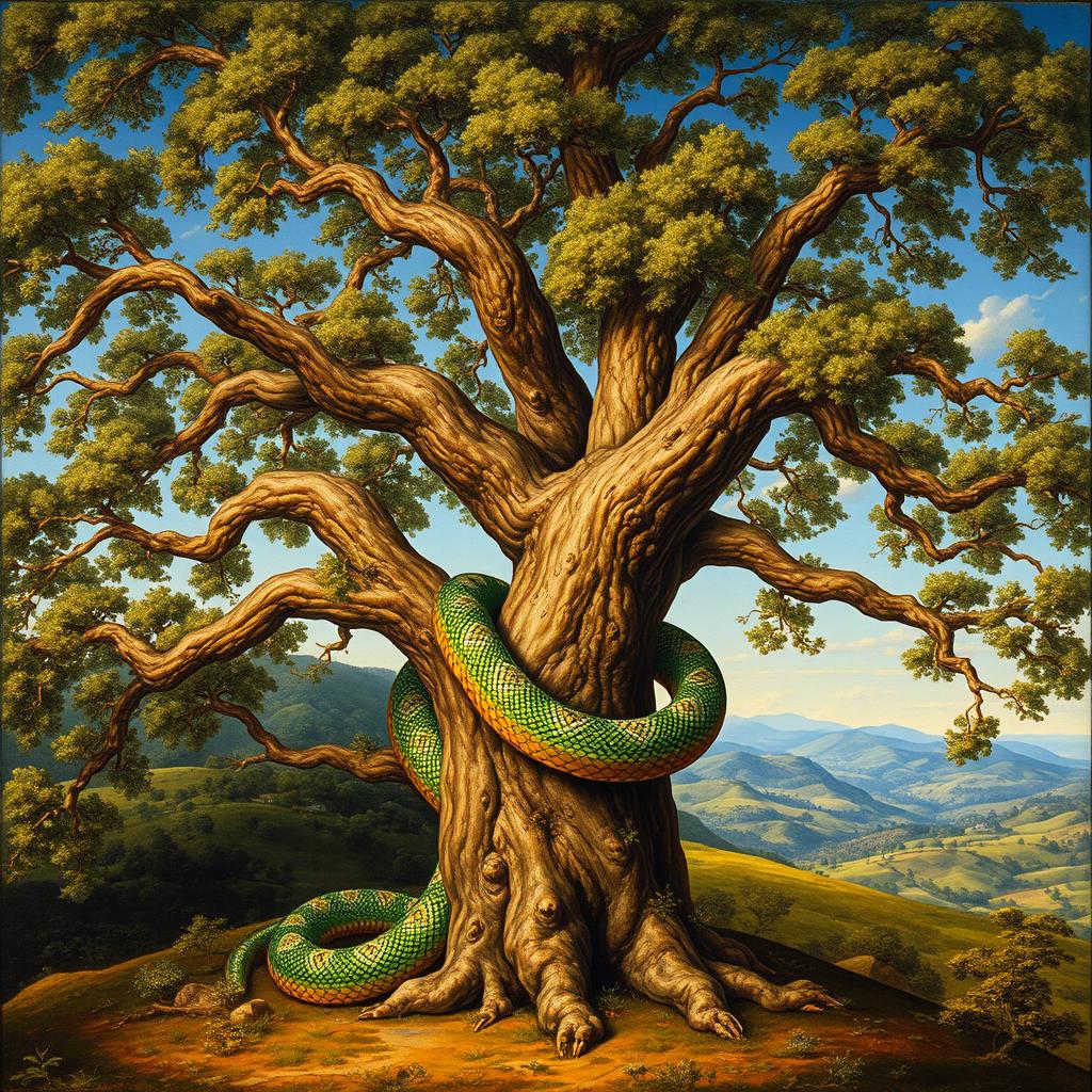 An exquisite renaissance-style painting showcasing a full view of a majestic tree, its branches sprawling gracefully