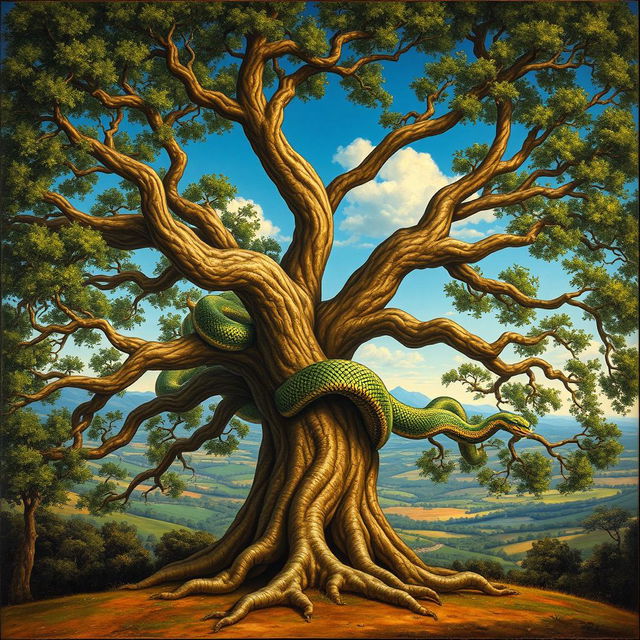 An exquisite renaissance-style painting showcasing a full view of a majestic tree, its branches sprawling gracefully