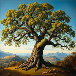 An exquisite renaissance-style painting showcasing a full view of a majestic tree, its branches sprawling gracefully