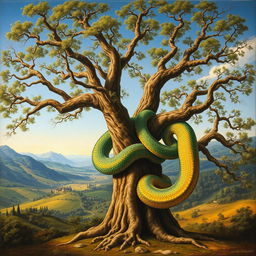 An exquisite renaissance-style painting showcasing a full view of a majestic tree, its branches sprawling gracefully