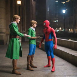 Link from The Legend of Zelda engaged in a conversation with Spiderman. They are standing in a well-lit urban setting with iconic costumes and comic-style background