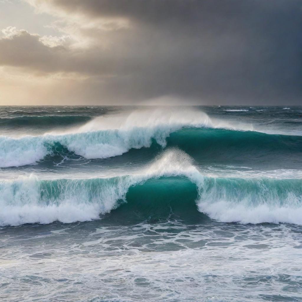 Capture a seascape dominated by huge, powerful waves. The ocean is in constant motion, swirling and frothing. The sky above echoes the turmoil of the sea beneath, creating an awe-inspiring image of nature's power.