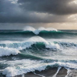 Capture a seascape dominated by huge, powerful waves. The ocean is in constant motion, swirling and frothing. The sky above echoes the turmoil of the sea beneath, creating an awe-inspiring image of nature's power.