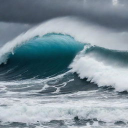 Capture a seascape dominated by huge, powerful waves. The ocean is in constant motion, swirling and frothing. The sky above echoes the turmoil of the sea beneath, creating an awe-inspiring image of nature's power.