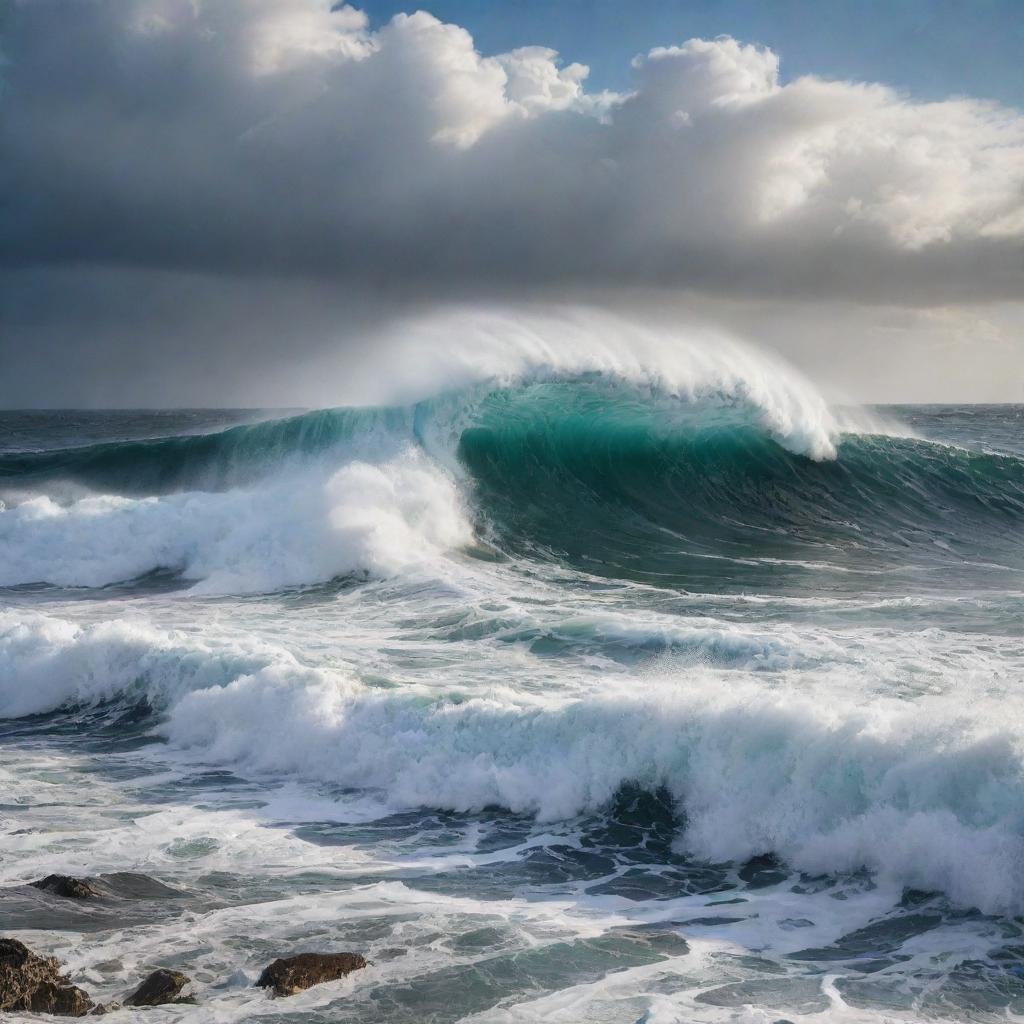 Capture a seascape dominated by huge, powerful waves. The ocean is in constant motion, swirling and frothing. The sky above echoes the turmoil of the sea beneath, creating an awe-inspiring image of nature's power.