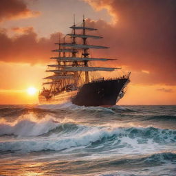 A picturesque seascape with a large majestic ship navigating through towering waves at sunset. The sky is ablaze with fiery hues, casting out brilliant reflections on the mighty ocean, generating a dynamic and awe-inspiring scene.