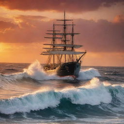 A picturesque seascape with a large majestic ship navigating through towering waves at sunset. The sky is ablaze with fiery hues, casting out brilliant reflections on the mighty ocean, generating a dynamic and awe-inspiring scene.