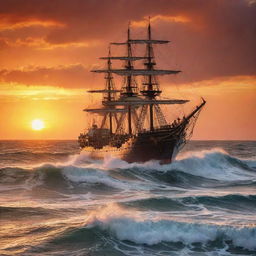 A picturesque seascape with a large majestic ship navigating through towering waves at sunset. The sky is ablaze with fiery hues, casting out brilliant reflections on the mighty ocean, generating a dynamic and awe-inspiring scene.