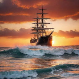 A picturesque seascape with a large majestic ship navigating through towering waves at sunset. The sky is ablaze with fiery hues, casting out brilliant reflections on the mighty ocean, generating a dynamic and awe-inspiring scene.