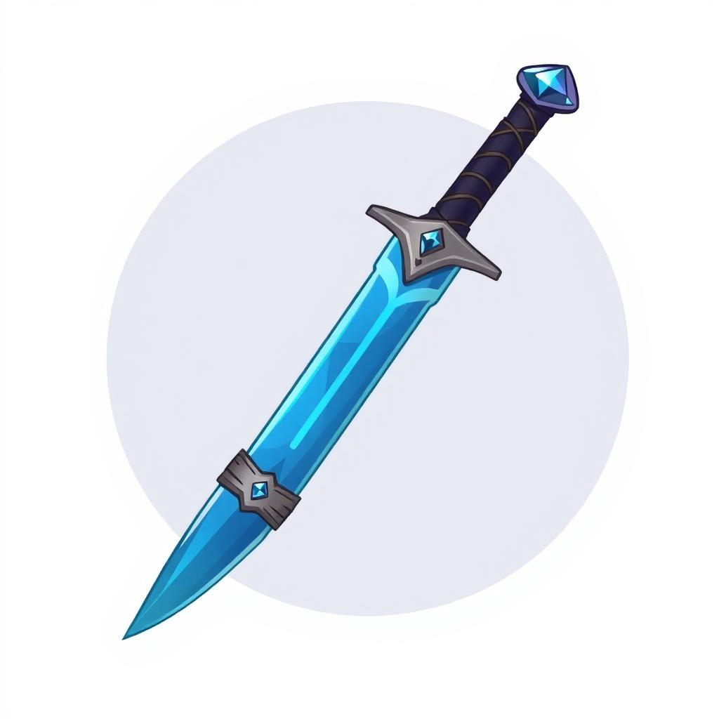 A whimsical cartoon-style illustration of the Misty Step dagger, featuring a slender blade made of shining obsidian that glows with a soft blue hue