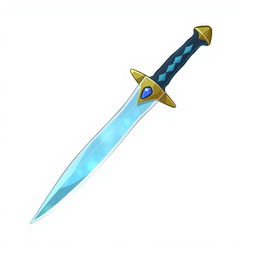 A whimsical cartoon-style illustration of the Misty Step dagger, featuring a slender blade made of shining obsidian that glows with a soft blue hue