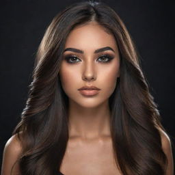 A photorealistic, high-quality portrait of a 20-years-old beautiful woman with long, straight, brown balayage hair and tanned skin. She showcases a powerful black smokey eye shadow. Full body view, emphasizing her allure and realism.