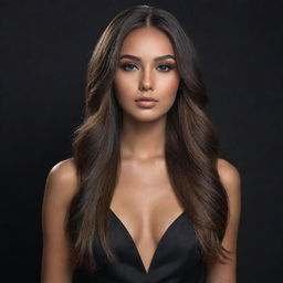 A photorealistic, high-quality portrait of a 20-years-old beautiful woman with long, straight, brown balayage hair and tanned skin. She showcases a powerful black smokey eye shadow. Full body view, emphasizing her allure and realism.