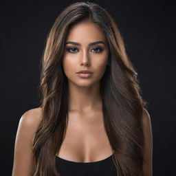 A photorealistic, high-quality portrait of a 20-years-old beautiful woman with long, straight, brown balayage hair and tanned skin. She showcases a powerful black smokey eye shadow. Full body view, emphasizing her allure and realism.