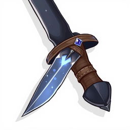 A charming cartoon-style illustration of the Misty Step dagger, featuring a slender blade made of gleaming obsidian that sparkles with a mystical sheen