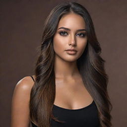 A photorealistic, high-quality portrait of a 20-years-old beautiful woman with long, straight, brown balayage hair and tanned skin. She showcases a powerful black smokey eye shadow. Full body view, emphasizing her allure and realism.