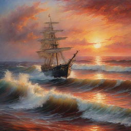 A picturesque seascape painting featuring a ship amidst the towering waves, bathed in the fiery hues of a glorious sunset. The sky and horizon seamlessly blend, their colors reflecting onto the undulating water for a breathtaking vista.