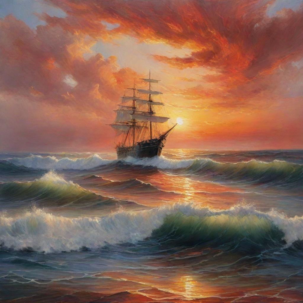 A picturesque seascape painting featuring a ship amidst the towering waves, bathed in the fiery hues of a glorious sunset. The sky and horizon seamlessly blend, their colors reflecting onto the undulating water for a breathtaking vista.