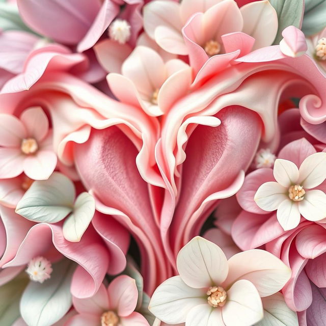 A close-up, artistically rendered illustration of a stylized floral design resembling abstract vaginas, emphasizing curves and shapes inspired by nature, surrounded by delicate petals and leaves in soft pastel colors like pink, lavender, and mint green