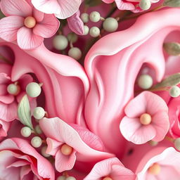 A close-up, artistically rendered illustration of a stylized floral design resembling abstract vaginas, emphasizing curves and shapes inspired by nature, surrounded by delicate petals and leaves in soft pastel colors like pink, lavender, and mint green