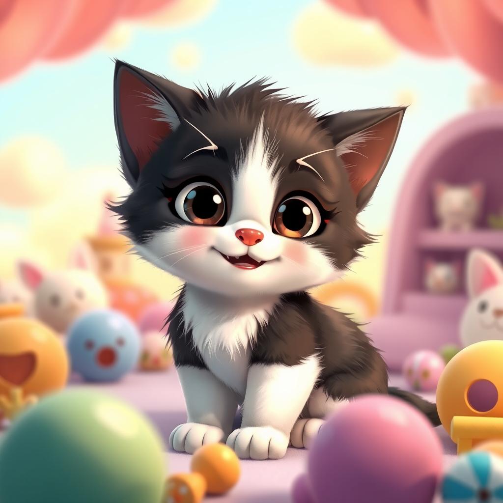 A cute kitten with black and white fur, designed in a charming Pixar-style, showcasing large expressive eyes and a playful smile