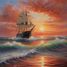 A picturesque seascape painting featuring a ship amidst the towering waves, bathed in the fiery hues of a glorious sunset. The sky and horizon seamlessly blend, their colors reflecting onto the undulating water for a breathtaking vista.