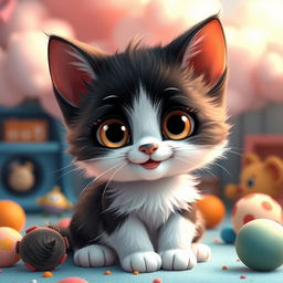 A cute kitten with black and white fur, designed in a charming Pixar-style, showcasing large expressive eyes and a playful smile