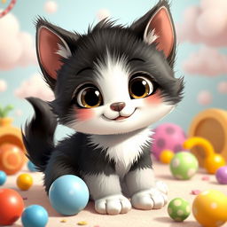 A cute kitten with black and white fur, designed in a charming Pixar-style, showcasing large expressive eyes and a playful smile