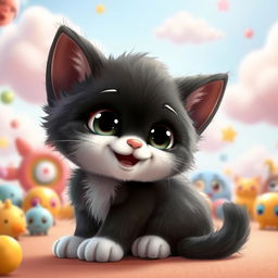 A cute kitten with black and white fur, designed in a charming Pixar-style, showcasing large expressive eyes and a playful smile