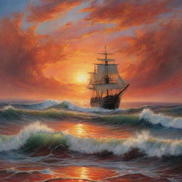 A picturesque seascape painting featuring a ship amidst the towering waves, bathed in the fiery hues of a glorious sunset. The sky and horizon seamlessly blend, their colors reflecting onto the undulating water for a breathtaking vista.