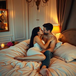 A romantic scene depicting a couple in a cozy bedroom setting, making love on a soft, inviting bed