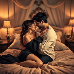 A romantic scene depicting a couple in a cozy bedroom setting, making love on a soft, inviting bed