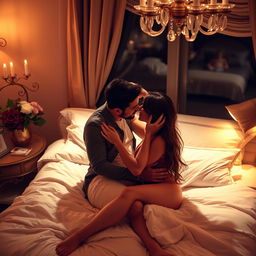 A romantic scene depicting a couple in a cozy bedroom setting, making love on a soft, inviting bed