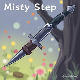 A delightful cartoon-style illustration of the Misty Step dagger, featuring a slender blade made of obsidian