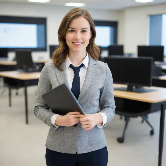 A full-body image of a young, 20s-aged, teacher in a professional uniform, holding a tablet and pen. She's situated in a technologically advanced classroom, with computers and projectors in view. Visualize from head shoes and the floor beneath her.