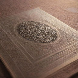 A beautifully embossed Al-Quran on an intricately designed prayer mat, under a soft radiant light