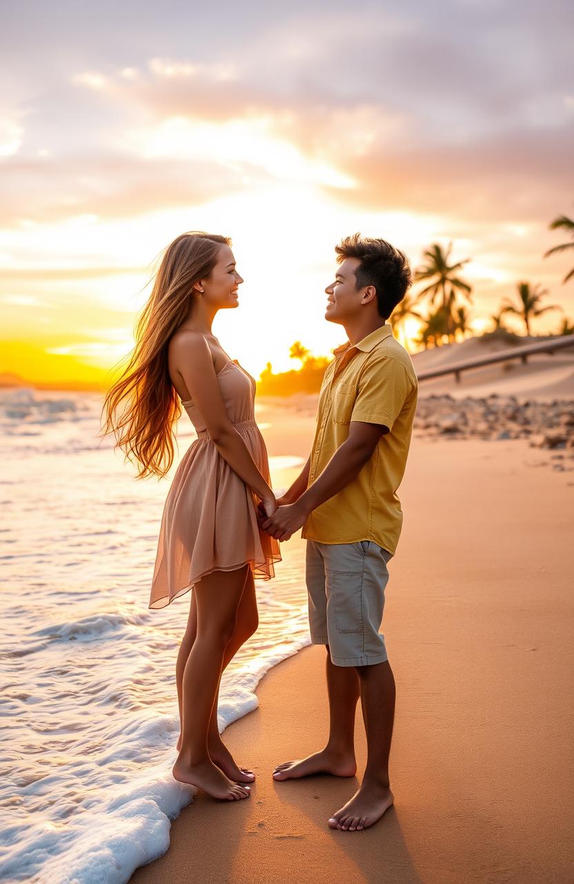 A romantic scene set in a picturesque Australian landscape featuring a girl from Australia and a boy from Indonesia