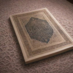 A beautifully embossed Al-Quran on an intricately designed prayer mat, under a soft radiant light