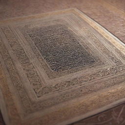 A beautifully embossed Al-Quran on an intricately designed prayer mat, under a soft radiant light