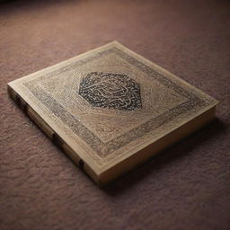 A beautifully embossed Al-Quran on an intricately designed prayer mat, under a soft radiant light