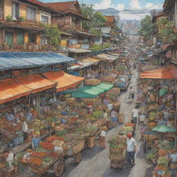 An intricately detailed illustration capturing the economic life in the Philippines, showcasing bustling marketplaces, lively street vendors, businesses, farmers at work, and urban cityscapes.