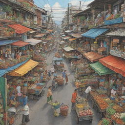 An intricately detailed illustration capturing the economic life in the Philippines, showcasing bustling marketplaces, lively street vendors, businesses, farmers at work, and urban cityscapes.